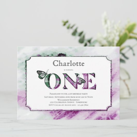 1歳の誕生日パープル素朴グリーンパーティー 招待状 (スタンド正面)