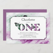 1歳の誕生日パープル素朴グリーンパーティー 招待状 (正面/裏面)