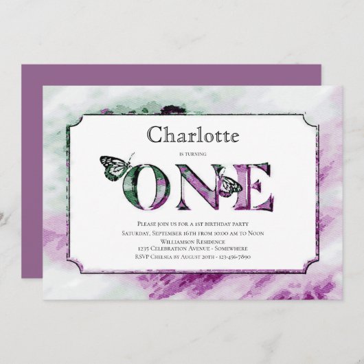 1歳の誕生日パープル素朴グリーンパーティー 招待状 (正面/裏面)