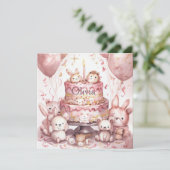 1歳の誕生日ピンクかわいい動物の少女の名前 カード (スタンド正面)