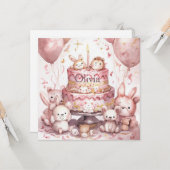 1歳の誕生日ピンクかわいい動物の少女の名前 カード (正面/裏面インサイチュ)