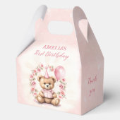 1歳の誕生日ピンクのバラかわいいクマ中切り妻 フェイバーボックス (正面)