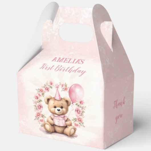 1歳の誕生日ピンクのバラかわいいクマ大切妻 フェイバーボックス (裏面)