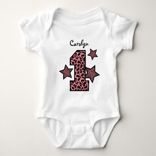 1歳の誕生日ピンクのヒョウ大人数星ガール ベビーボディスーツ (正面)