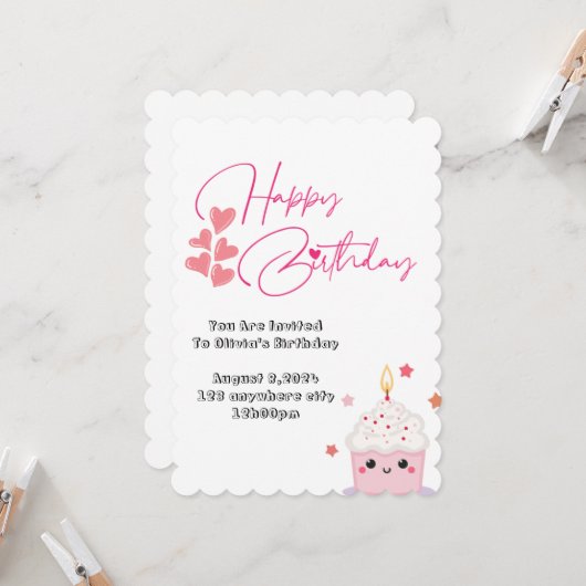1歳の誕生日ピンクデザイン 招待状 (正面/裏面インサイチュ)