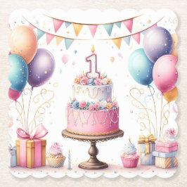 1歳の誕生日ピンクパーティー紙コースター ペーパーコースター