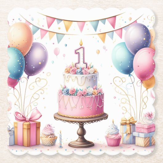 1歳の誕生日ピンクパーティー紙コースター ペーパーコースター (正面)