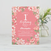 1歳の誕生日ピンクボホ植物花フローラ 招待状 (スタンド正面)