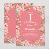 1歳の誕生日ピンクボホ植物花フローラ 招待状 (正面/裏面)