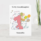 1歳の誕生日ピンク1匹の猫バルーン孫娘 カード (正面)