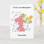 1歳の誕生日ピンク1匹の猫バルーン孫娘 カード (黄色い花)