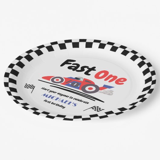 1歳の誕生日ファーストワンレッドブルーレースカー ペーパープレート (アングル)