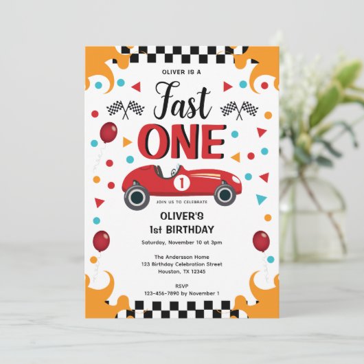 1歳の誕生日ファーストワンレーシングカーパーティの招待状 招待状 (スタンド正面)
