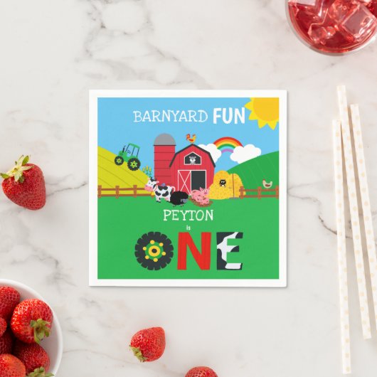 1歳の誕生日ファーム動物納屋周囲の庭おもしろいかわいい スタンダードカクテルナプキン (インサイチュ)