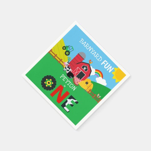 1歳の誕生日ファーム動物納屋周囲の庭おもしろいかわいい スタンダードカクテルナプキン (角)