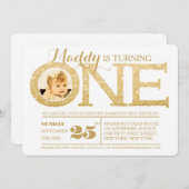 1歳の誕生日フェイク金ゴールドグリッターワンフォト招待状 招待状 (正面/裏面)