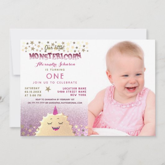 1歳の誕生日フォトガールリトルモンスター 招待状 (正面)