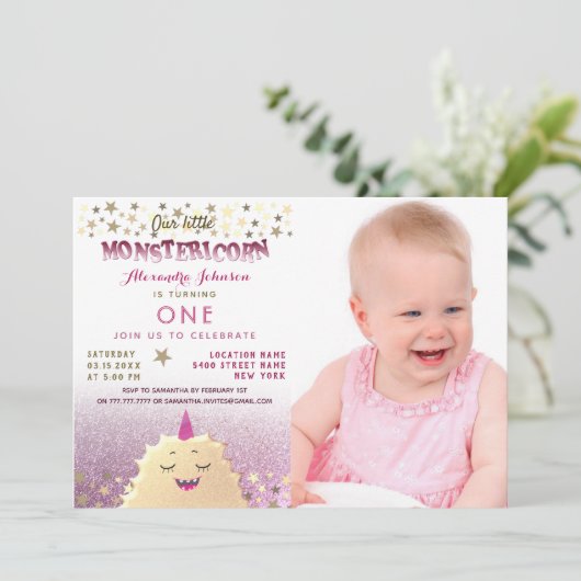 1歳の誕生日フォトガールリトルモンスター 招待状 (スタンド正面)
