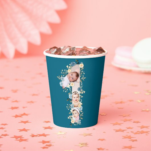 1歳の誕生日フォトコラージブルーイエローフラワーティール（緑がかった色） 紙コップ (インサイチュ)