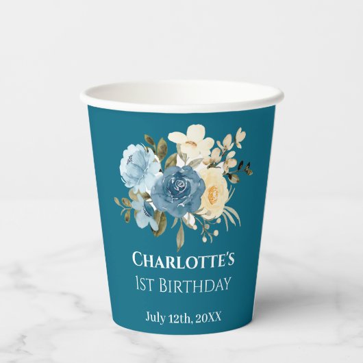 1歳の誕生日フォトコラージブルーイエローフラワーティール（緑がかった色） 紙コップ (裏面)