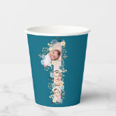 1歳の誕生日フォトコラージブルーイエローフラワーティール（緑がかった色） 紙コップ (正面)