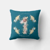 1歳の誕生日フォトコラージュティール(緑がかった色)ブルーイエローフラワー クッション (裏面)