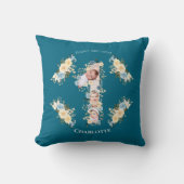 1歳の誕生日フォトコラージュティール(緑がかった色)ブルーイエローフラワー クッション (正面)