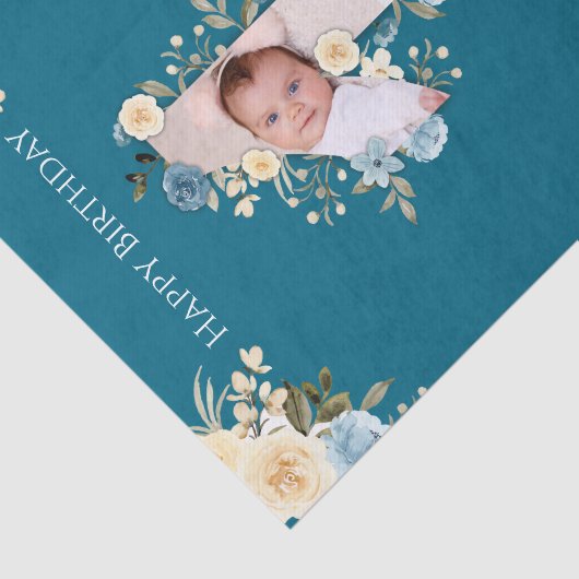 1歳の誕生日フォトコラージュティール（緑がかった色）ブルーイエローフラワー 薄葉紙 (詳細)