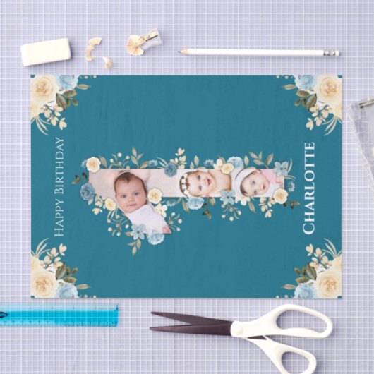 1歳の誕生日フォトコラージュティール（緑がかった色）ブルーイエローフラワー 薄葉紙 (クラフト)