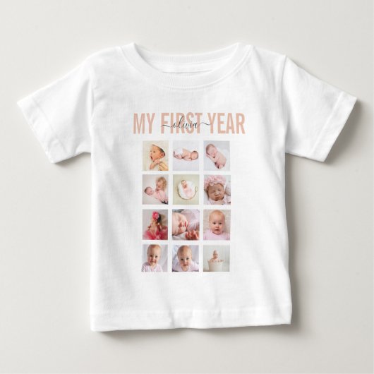 1歳の誕生日フォトコラージュTシャツ 名前入り ベビーTシャツ (正面)