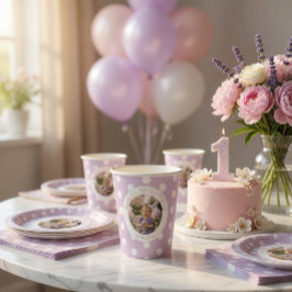 1歳の誕生日フォト&パープル・ポルカドット 紙コップ