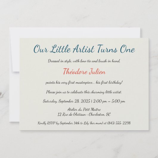 1歳の誕生日フランスのアーティストベビース絵を描ティスタジオ 招待状 (裏面)