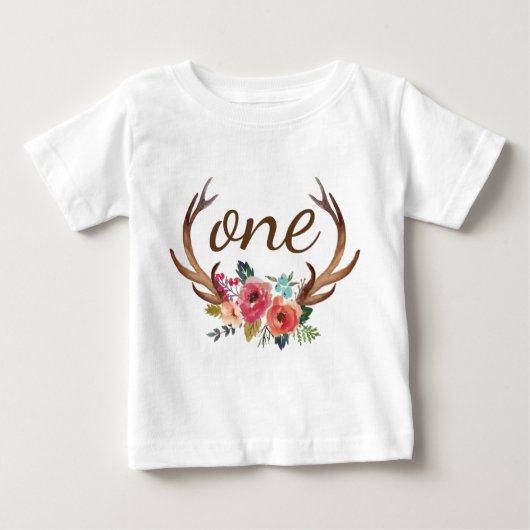 1歳の誕生日フローラ鹿パーソナライズされた角–10 ベビーTシャツ (正面)