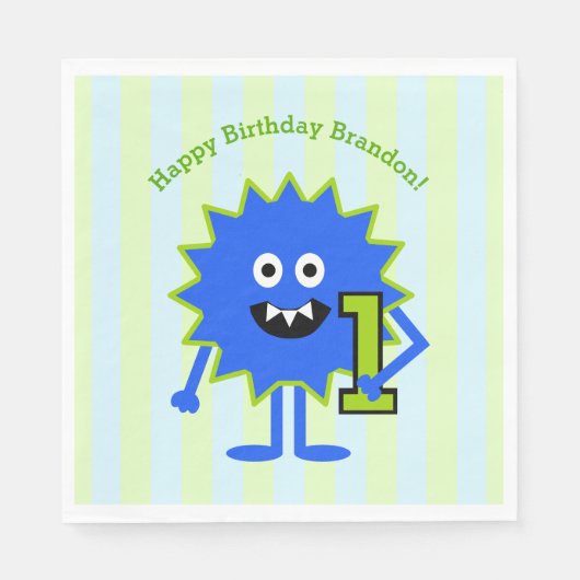 1歳の誕生日ブルーグリーンモンスターボーイカワイイおもしろい はっきりした スタンダードランチョンナプキン (正面)