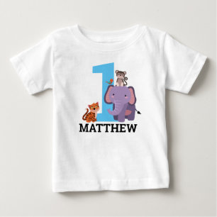 1歳の誕生日ブルージャングル動物の少年 ベビーTシャツ