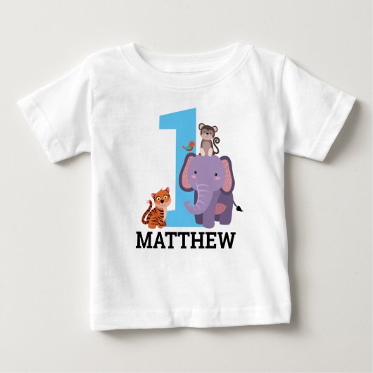 1歳の誕生日ブルージャングル動物の少年 ベビーTシャツ (正面)