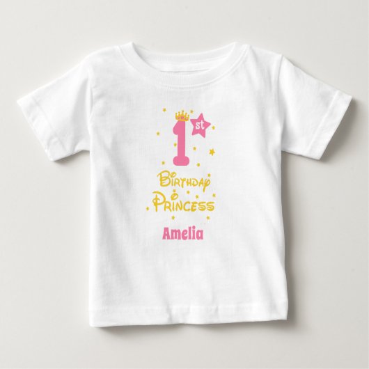 1歳の誕生日プリンセスピンク金ゴールドイエローティアラ ベビーTシャツ (正面)