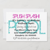 1歳の誕生日プールパーティー ピンクとパープルのバブル 招待状 (裏面)