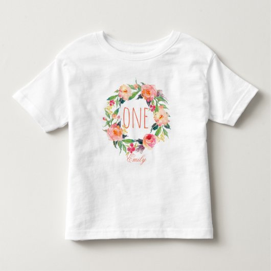 1歳の誕生日ベビーガールフローラリース-2 トドラーTシャツ (正面)