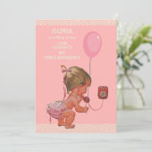 1歳の誕生日ベビーガール電話バルーンシブロン 招待状 (スタンド正面)