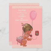 1歳の誕生日ベビーガール電話バルーンシブロン 招待状 (正面/裏面)