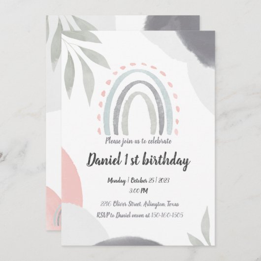 1歳の誕生日ボホウォーターの色のベビーシャワー 招待状 (正面/裏面)