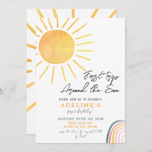 1歳の誕生日ボホ最初の旅のまわりに日 招待状 (正面/裏面)