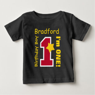 1歳の誕生日ボーイブラックワンイヤー名前をカスタムするA07E2 ベビーTシャツ