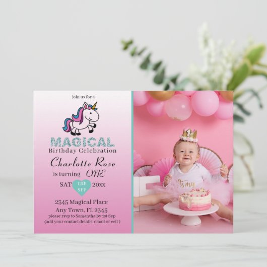 1歳の誕生日マジカルユニコーンガーリー赤面ピンク 招待状 (スタンド正面)