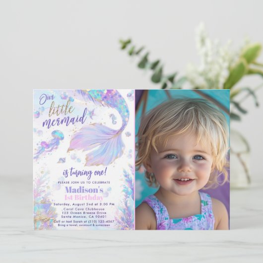 1歳の誕生日マーメイドフォト誕生日 招待状 (スタンド正面)