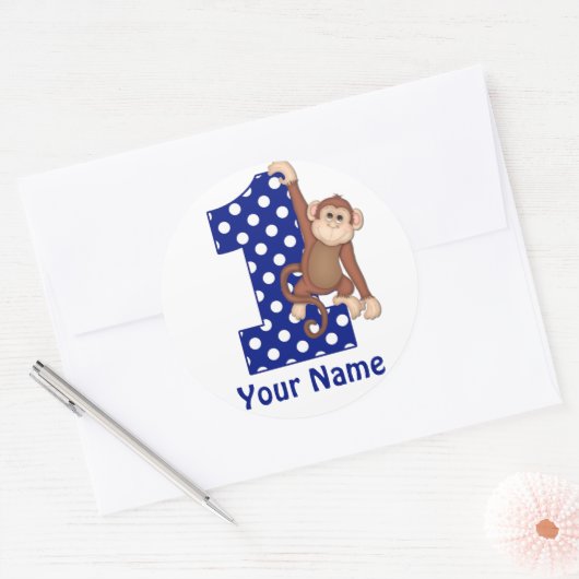 1歳の誕生日モンキーブルー鎌 ラウンドシール (封筒)