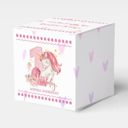 1歳の誕生日ユニコーン ピンク 女の子  フェイバーボックス (正面サイド)