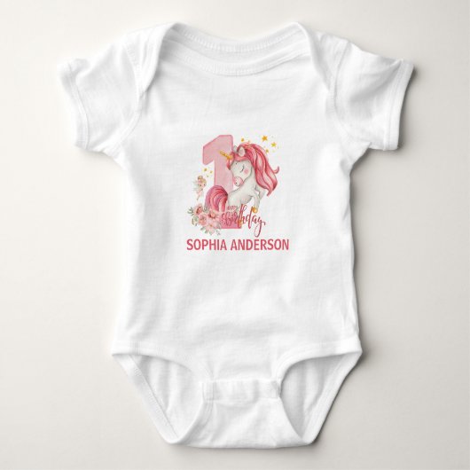 1歳の誕生日ユニコーン ピンク 女の子 ベビーボディスーツ (正面)