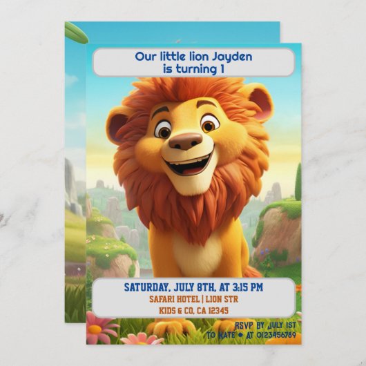 1歳の誕生日ライオンパーソナライズされた名年齢キッズ 招待状 (正面/裏面)